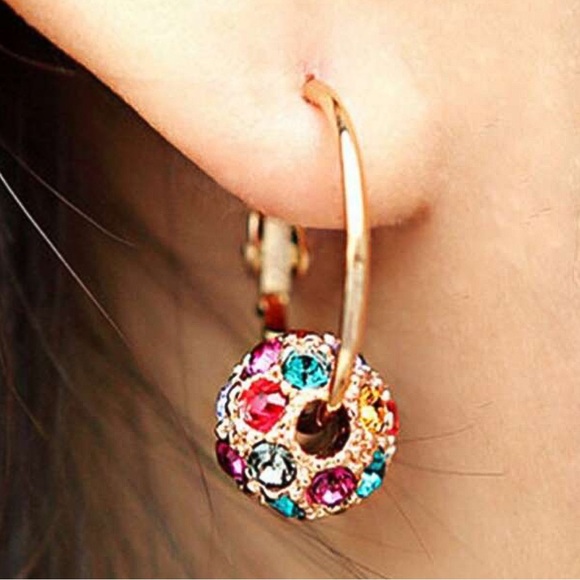 Any 3/$25! Gold Multi-Color Crystal Ball Hoop Earrings - Picture 4 of 7